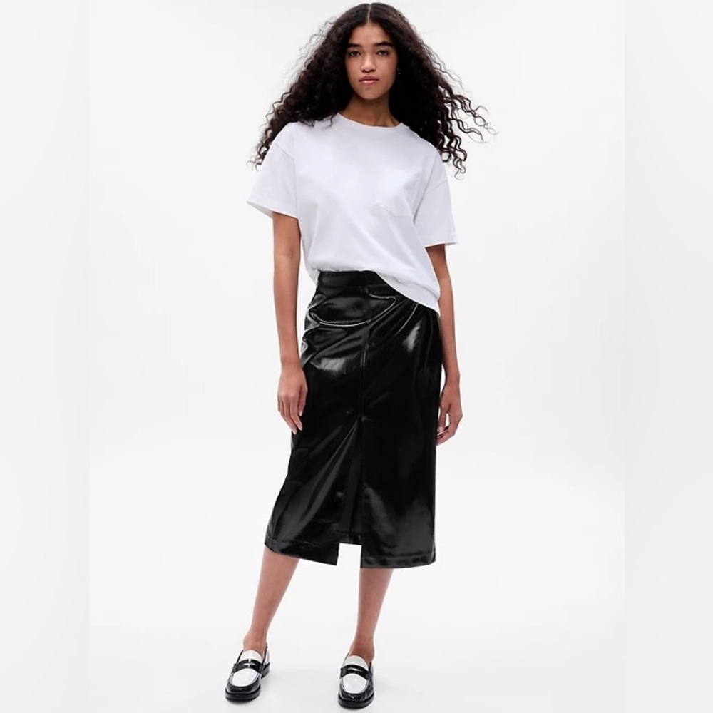 Black Patent Faux Leather Midi Maxi Pencil Skirt High Shine Glossy Vinyl, US 10